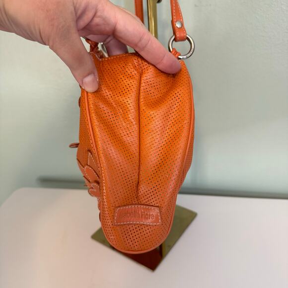 Isabella Fiore Shoulder Handbag Orange Leather Floral Perforated Retro Hippie - Picture 4 of 11